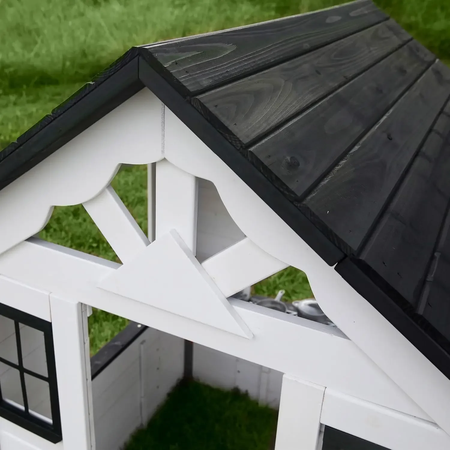 All White Modern Outdoor Wooden Playhouse, Cottage, Sink, Stove, Windows, Kitchen with Pot and Pans and Utensils - Image 2