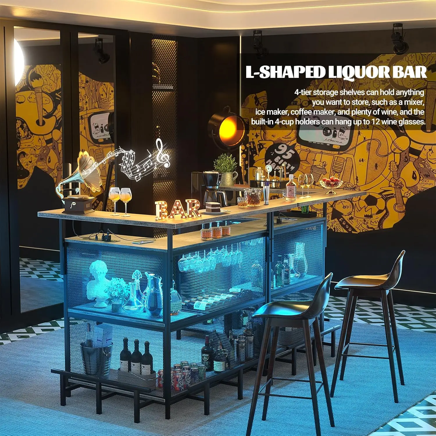 L Shaped Home Bar with Power Outlet & LED Light - Image 4