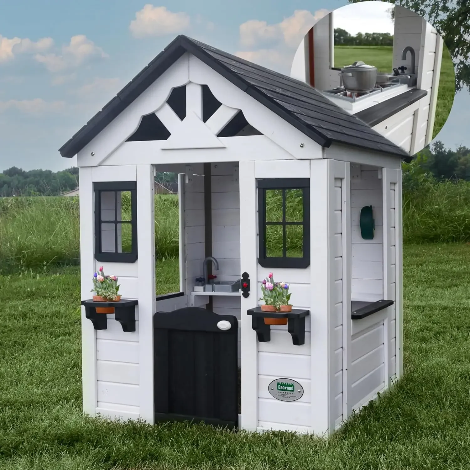 All White Modern Outdoor Wooden Playhouse, Cottage, Sink, Stove, Windows, Kitchen with Pot and Pans and Utensils - Image 3