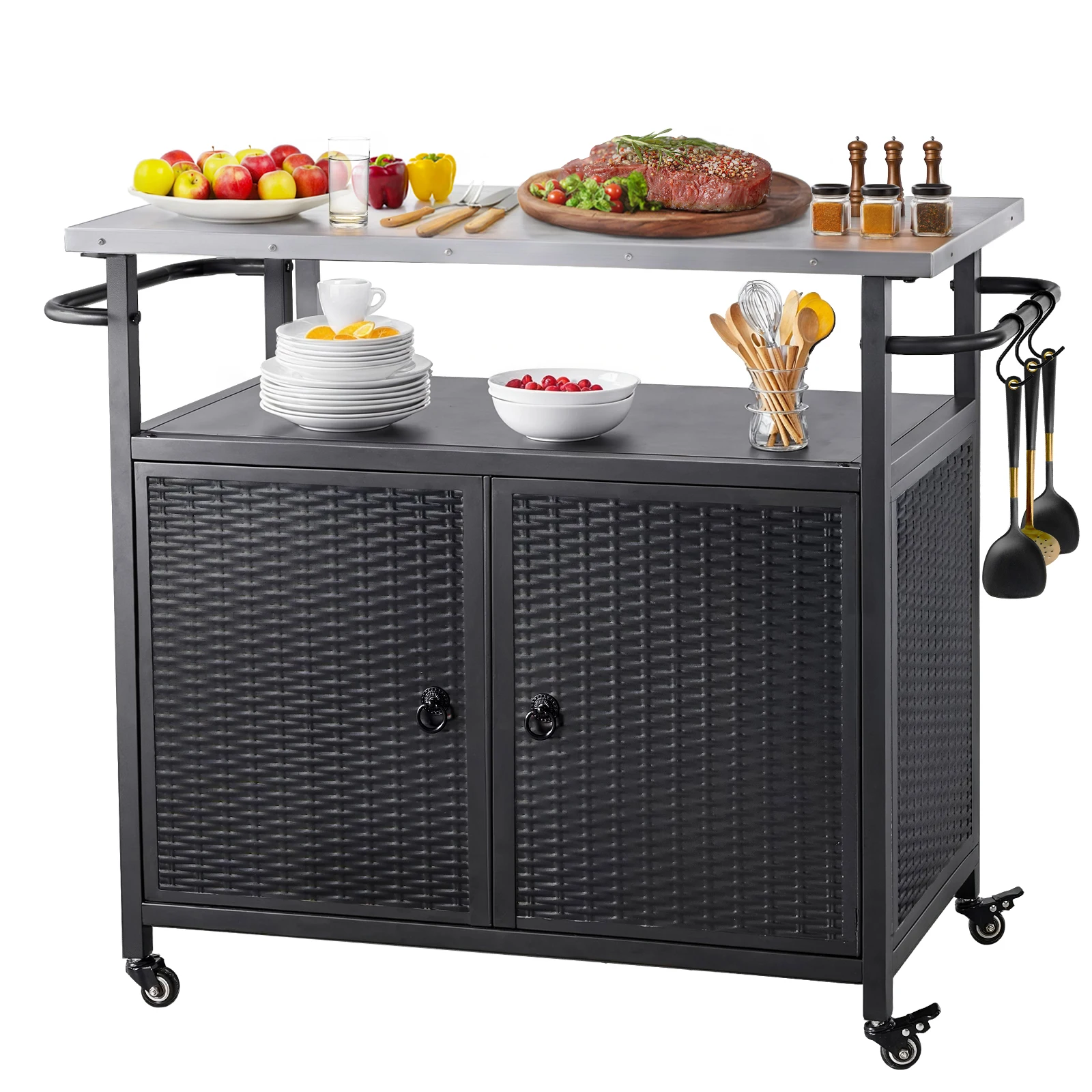 Outdoor Grill Cart with Storage Cabinet Metal Grill Cart Kitchen - Image 3