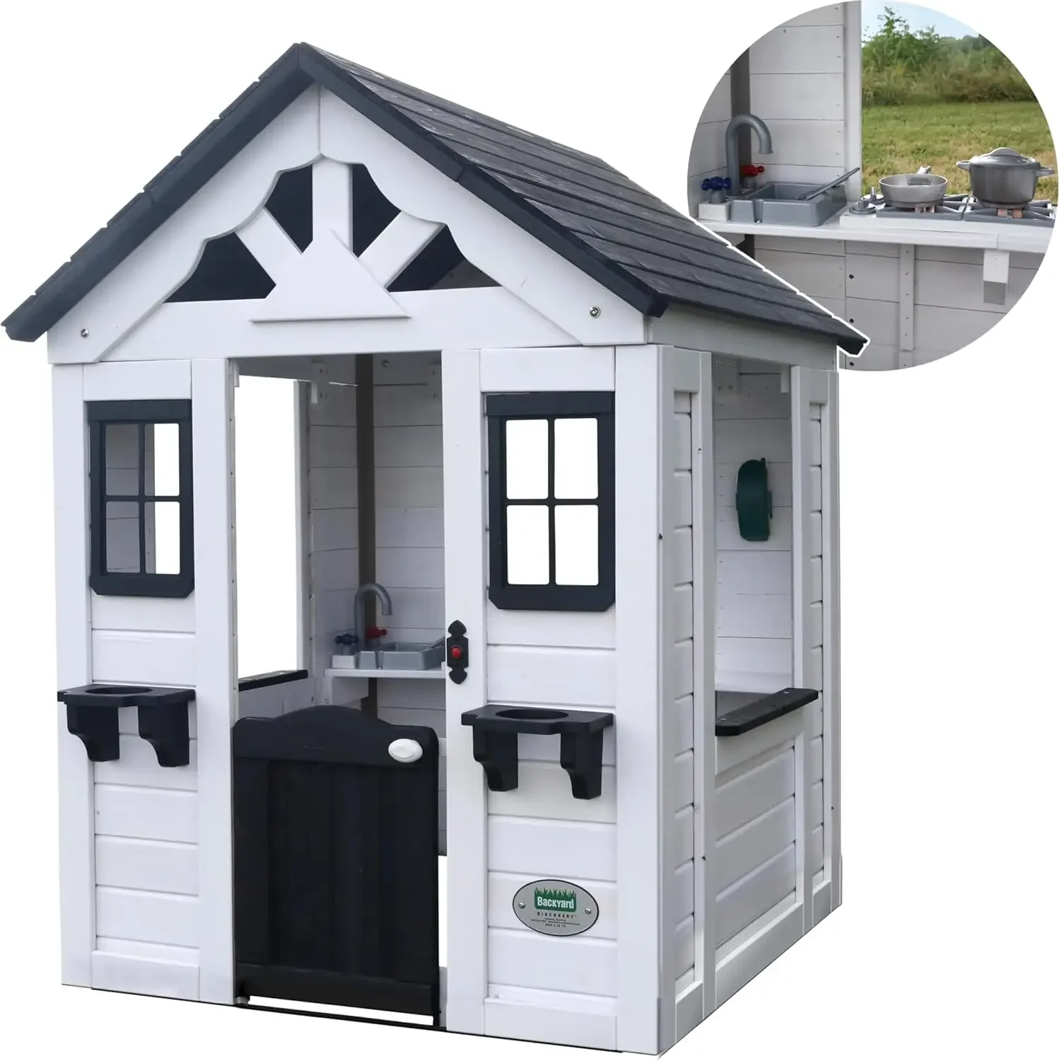 All White Modern Outdoor Wooden Playhouse, Cottage, Sink, Stove, Windows, Kitchen with Pot and Pans and Utensils