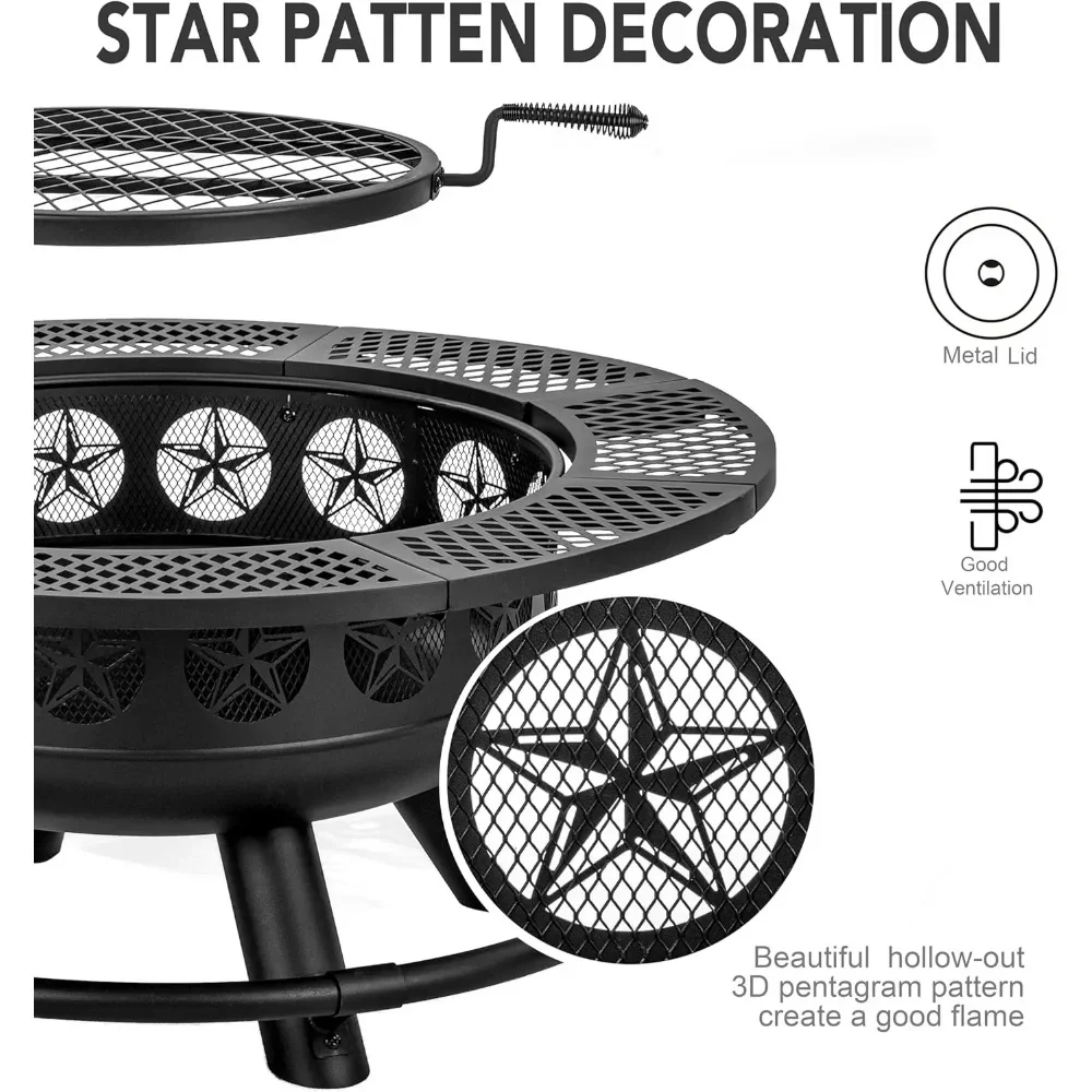 36 Inch Fire Pit with Cooking Grill, Outdoor Wood Burning BBQ - Image 5