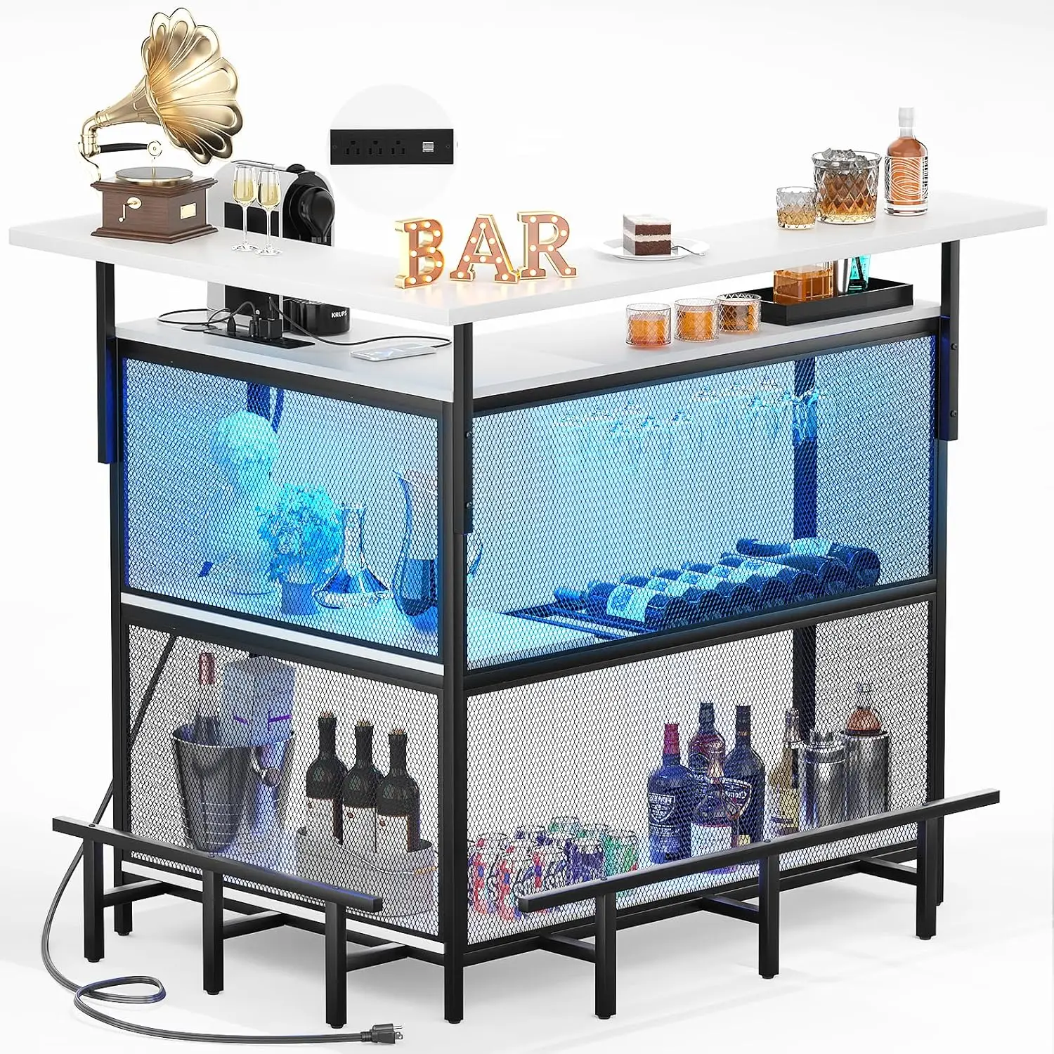 L Shaped Home Bar with Power Outlet & LED Light - Image 8