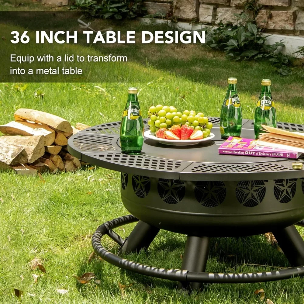 36 Inch Fire Pit with Cooking Grill, Outdoor Wood Burning BBQ - Image 3