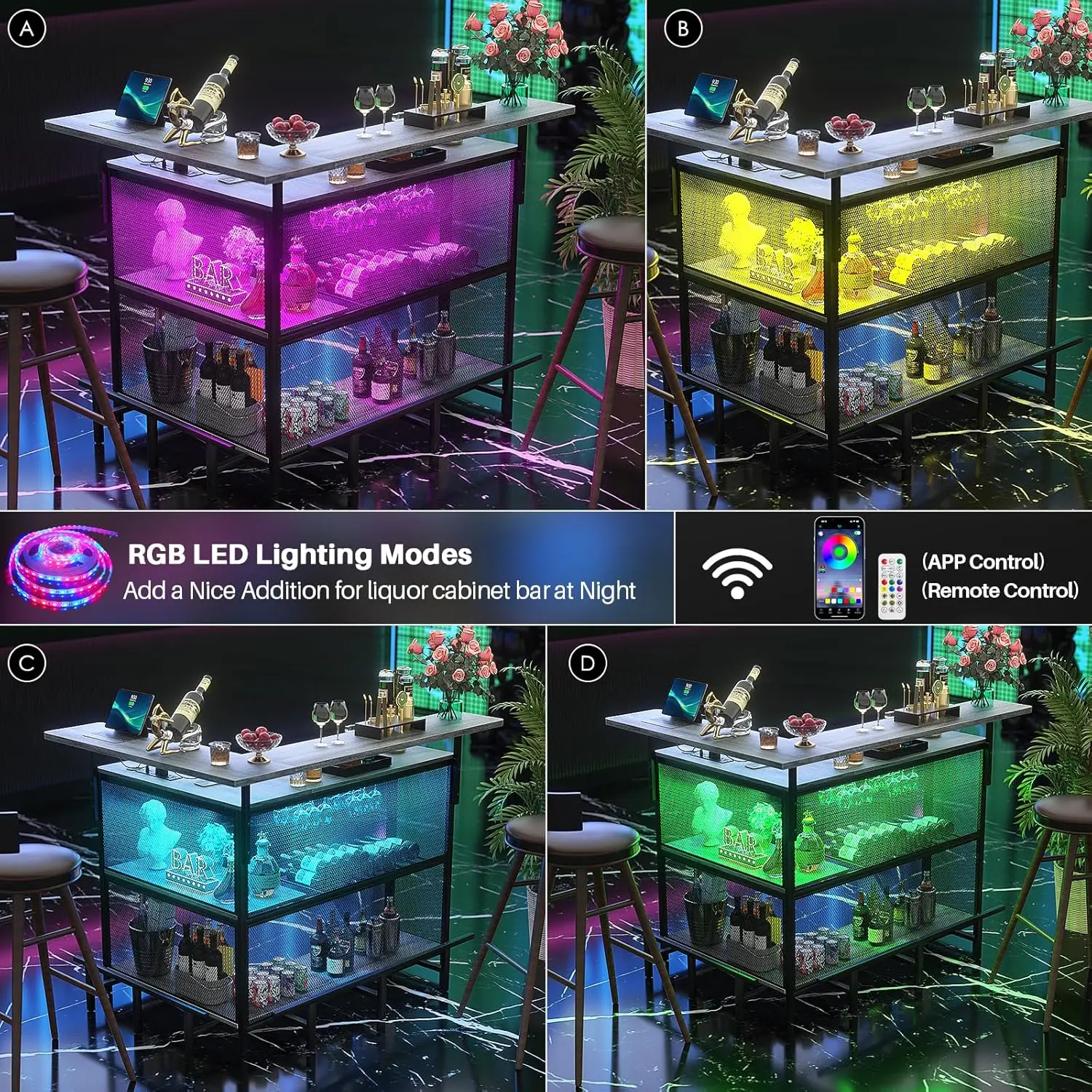 L Shaped Home Bar with Power Outlet & LED Light - Image 5