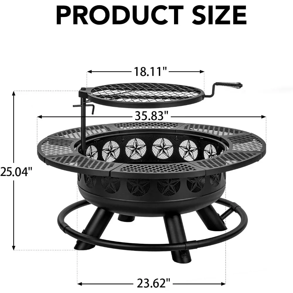 36 Inch Fire Pit with Cooking Grill, Outdoor Wood Burning BBQ - Image 6