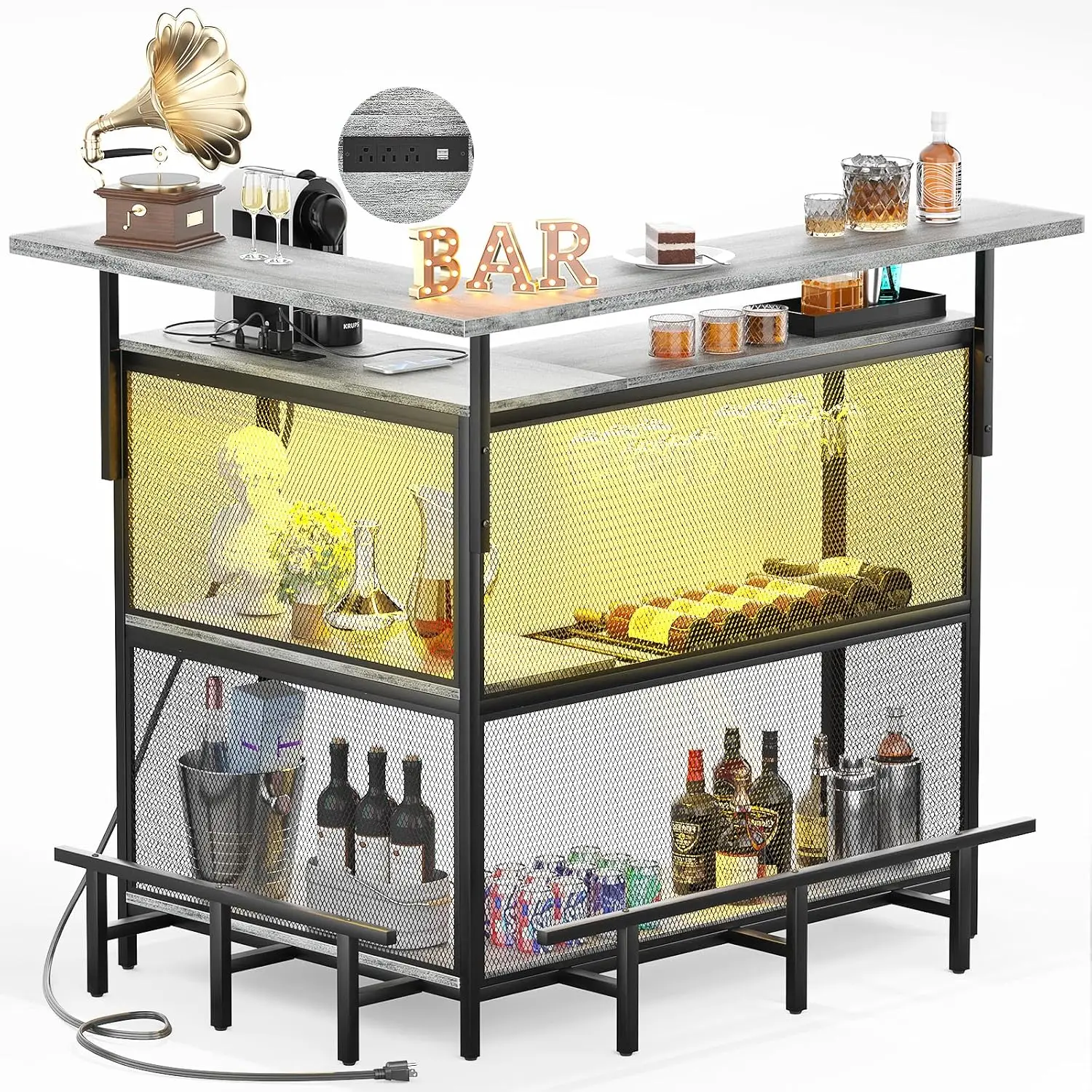 L Shaped Home Bar with Power Outlet & LED Light - Image 12