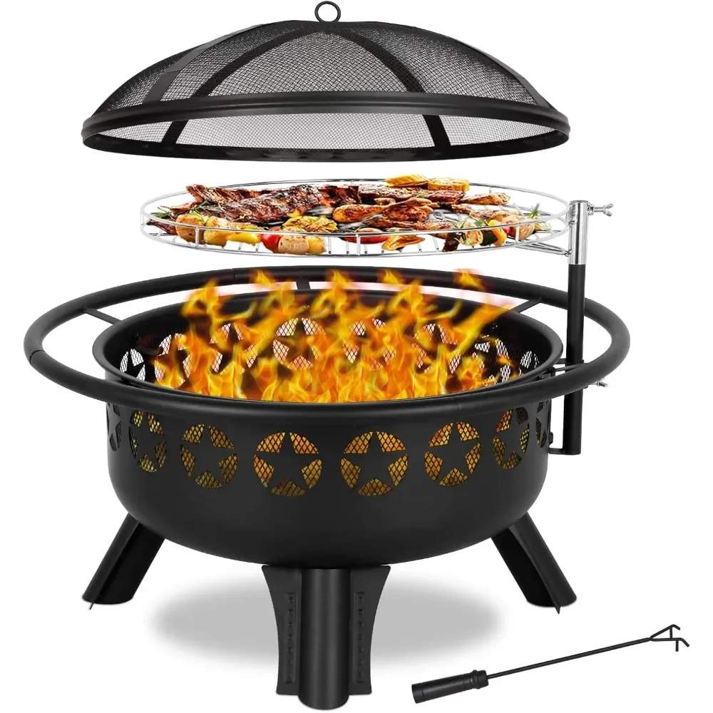 2 in 1 Fire Pit with Grill, Large 31" Wood Burning Fire Pit with Swivel