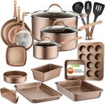 Nutrichef 20 Piece Professional Home Kitchen Cookware Bakeware Pots Pans Set Non Stick Kitchenware Cool-Touch Handles Matte Gold
