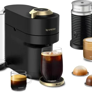 Limited-Edition Vertuo Pop+ Deluxe Coffee and Espresso Maker by Breville with Milk Frother, Matte Black Gold